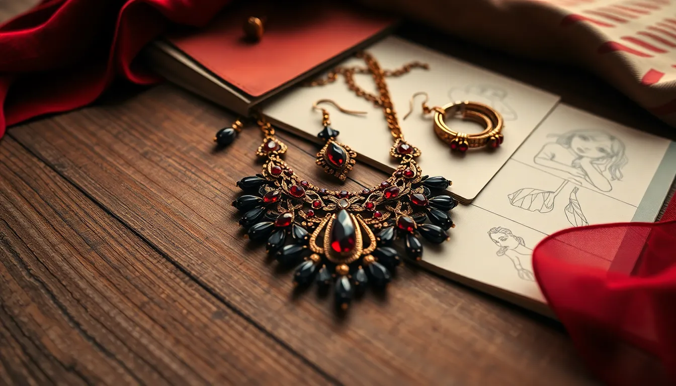 Detailed Fashion Accessories on Textured Surface This intimate image highlights the beauty of high-fashion accessories on a textured wooden surface, captured in warm tungsten lighting that creates a cozy, inviting mood. Featuring a striking necklace and earrings in deep reds and golds, the composition invites viewers to appreciate the intricate details of each piece. Surrounded by luxurious fabric swatches and an open sketchbook, this scene beautifully portrays the artistry and design process behind fashion.