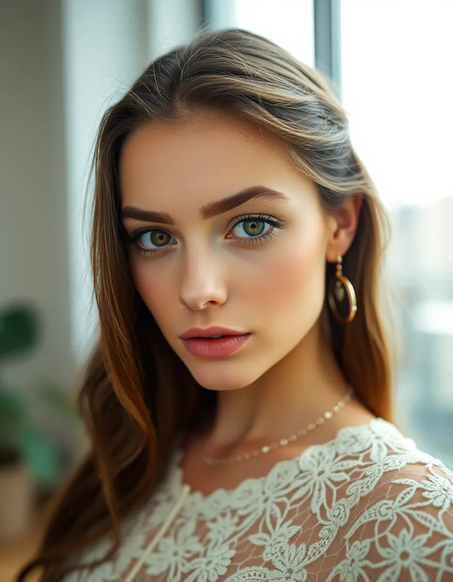 A close-up fashion portrait features a model in intricately textured lace garments, beautifully illuminated by natural overcast light streaming through large windows. The selective focus technique draws the viewer's eye directly to her expressive gaze, while the soft bokeh in the background adds an ethereal quality. Rich warm skin tones and creamy highlights enhance the overall charm of the image, creating a sense of intimacy. The composition follows the rule of thirds, providing a balanced and engaging frame.