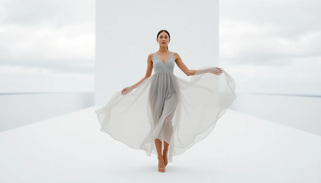 On a minimalist white runway, an ethereal model poses gracefully in a flowing monochromatic dress. The soft overcast daylight enhances the fabric's delicate movement, while the gentle color palette creates a serene atmosphere. Centered composition draws the eye to the model's elegance, showcasing the soft textures of her attire against the stark backdrop. This scene embodies a modern and sophisticated take on fashion.