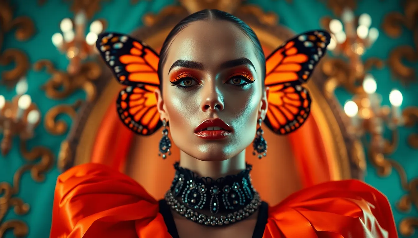 This striking high-fashion editorial image captures a model in a bold outfit illuminated by dramatic butterfly lighting. Shot with a Hasselblad X2D 100C, the close-up reveals stunning details of her intricate makeup, showcasing a blend of teal and orange tones. The centered composition allows the viewer to focus entirely on her powerful presence, while the rich textures of the fabric create an enticing depth. The overall aesthetic exudes luxury, making it a perfect representation of cutting-edge fashion.
