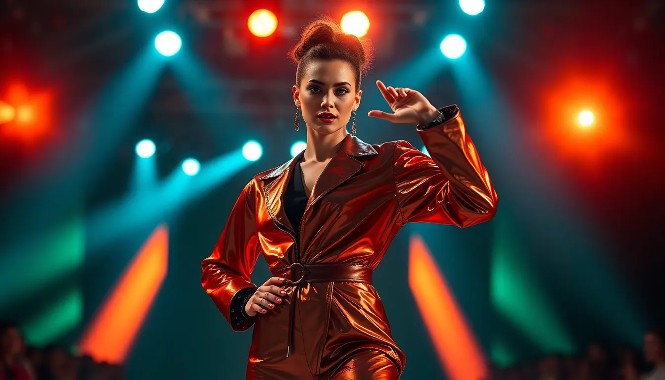 Dynamic Model in Metallic Fashion on Runway A striking model commands the runway in a bold metallic outfit, illuminated by intense spotlighting that adds drama to the scene. The teal and orange color grading enhances the stunning visual elements of the attire, creating a high-fashion atmosphere. The model's dynamic pose showcases confidence, while the selective focus highlights intricate outfit details. With leading lines of the runway guiding the viewer's gaze, this image captures the essence of contemporary fashion artistry.