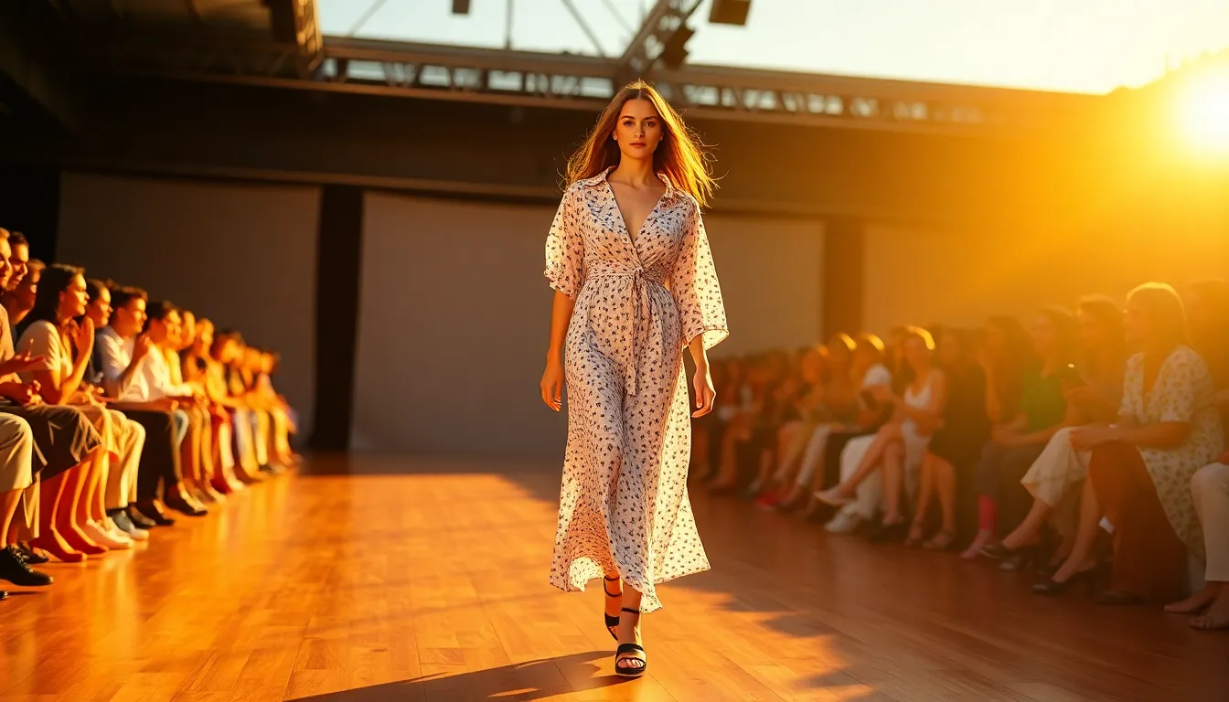 Vibrant Runway Fashion Show Scene This striking image captures a model showcasing a flowing silk gown during a fashion runway show. Bathed in dramatic stage lighting, with vibrant jewel tones reflecting off her outfit, the atmosphere is electric. The blurred audience in the background enhances the focus on the model's fierce expression and dynamic pose. The interplay of colors and textures creates a sense of luxury and excitement, perfect for illustrating high-end fashion events.