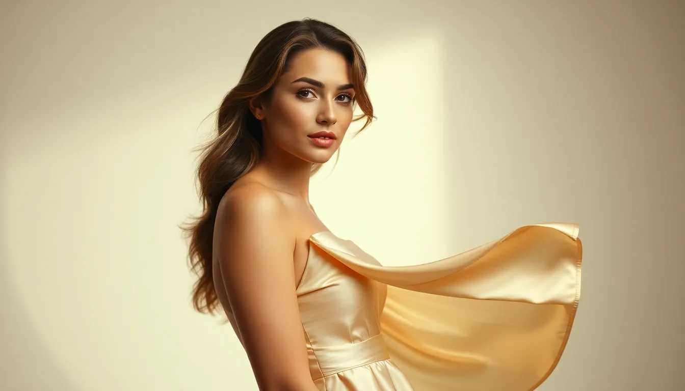 An elegant female model confidently poses on the runway, wearing a flowing silk dress that catches the light beautifully. The warm tones enhance her natural beauty and showcase the luxurious texture of her attire. Bathed in strategically placed soft lighting, the scene captivates the viewer with its stunning depth and composition. The harmonious colors and delicate bokeh create an inviting atmosphere, ideal for a high-fashion editorial.