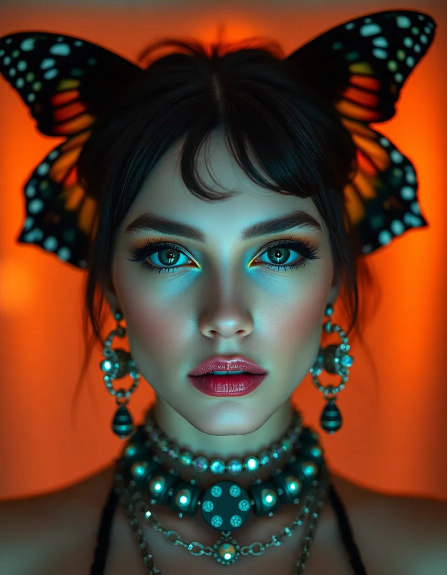Avant-Garde Fashion Portrait on Runway This captivating portrait showcases a fashion model with avant-garde makeup and accessories, perfectly illuminated under overhead butterfly lighting. The cinematic teal and orange color grading enhances the vibrancy of the outfit and makeup. With a soft bokeh background achieved through shallow depth of field, the image invites the viewer to focus on the model's striking features. This photograph encapsulates the essence of fashion-forward artistry on the runway.