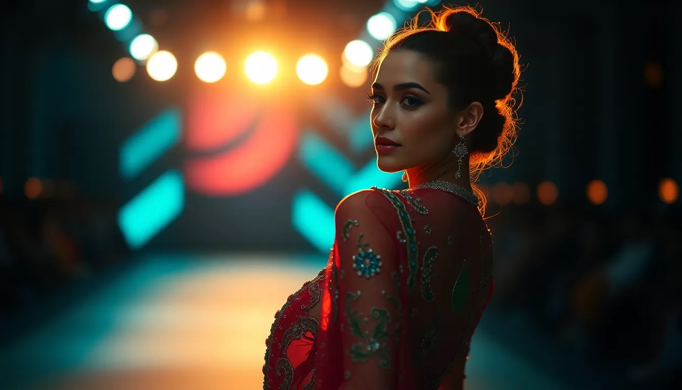 Fashion Model Highlighting Intricate Embroidery During golden hour, a fashion model poses gracefully on the runway, with warm backlighting enhancing the delicate details of their intricately beaded and embroidered outfit. The soft bokeh background creates a dreamy effect, drawing attention to the model while the cinematic teal and orange grading adds a modern touch. The leading lines of the runway complement the composition, inviting viewers into this stunning fashion moment.