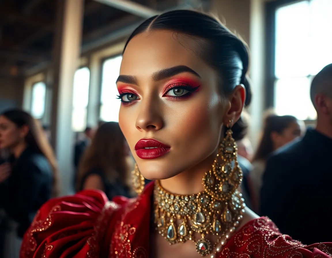 Close-Up of Glamorous Runway Makeup A close-up shot of a model backstage at a runway show, highlighting her glamorous makeup and intricate accessories. The soft natural lighting creates an inviting atmosphere, enhancing the bold colors of her makeup and attire. The shallow depth of field draws the viewer’s attention to her expressive eyes, while luxurious textures radiate sophistication. This image captures the behind-the-scenes excitement of fashion.