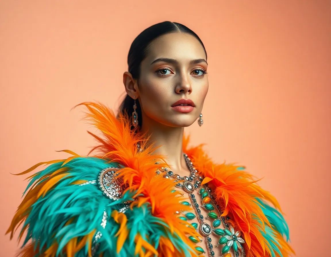An avant-garde fashion model showcases a stunning outfit embellished with feathers and metallic elements, captured in exquisite detail. The soft studio lighting accentuates the vibrant textures of the ensemble, while the muted pastel background provides a luxurious contrast. With a cinematic teal and orange color grading, the mood is modern and artistic. The composition skillfully centers the model, drawing the viewer’s eye to her confident expression and unique styling.