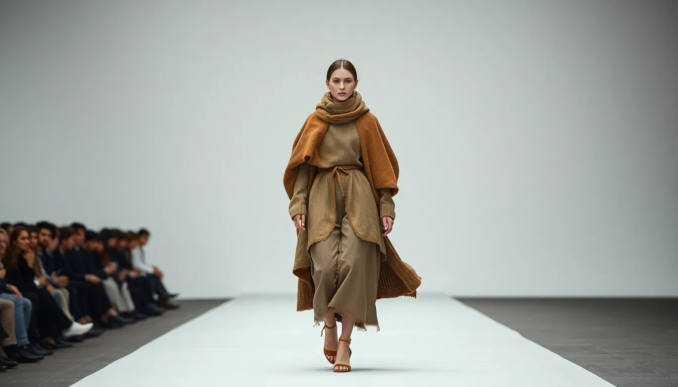 Set against a minimalist backdrop, a model confidently walks the runway showcasing a collection of intricate, layered garments. The soft, diffused light highlights the rich textures and natural fabrics, while the muted color palette enhances the collection’s understated elegance. This symmetrically composed image captures the artistry of fashion, inviting the viewer to appreciate the craftsmanship and detail present in each layer.