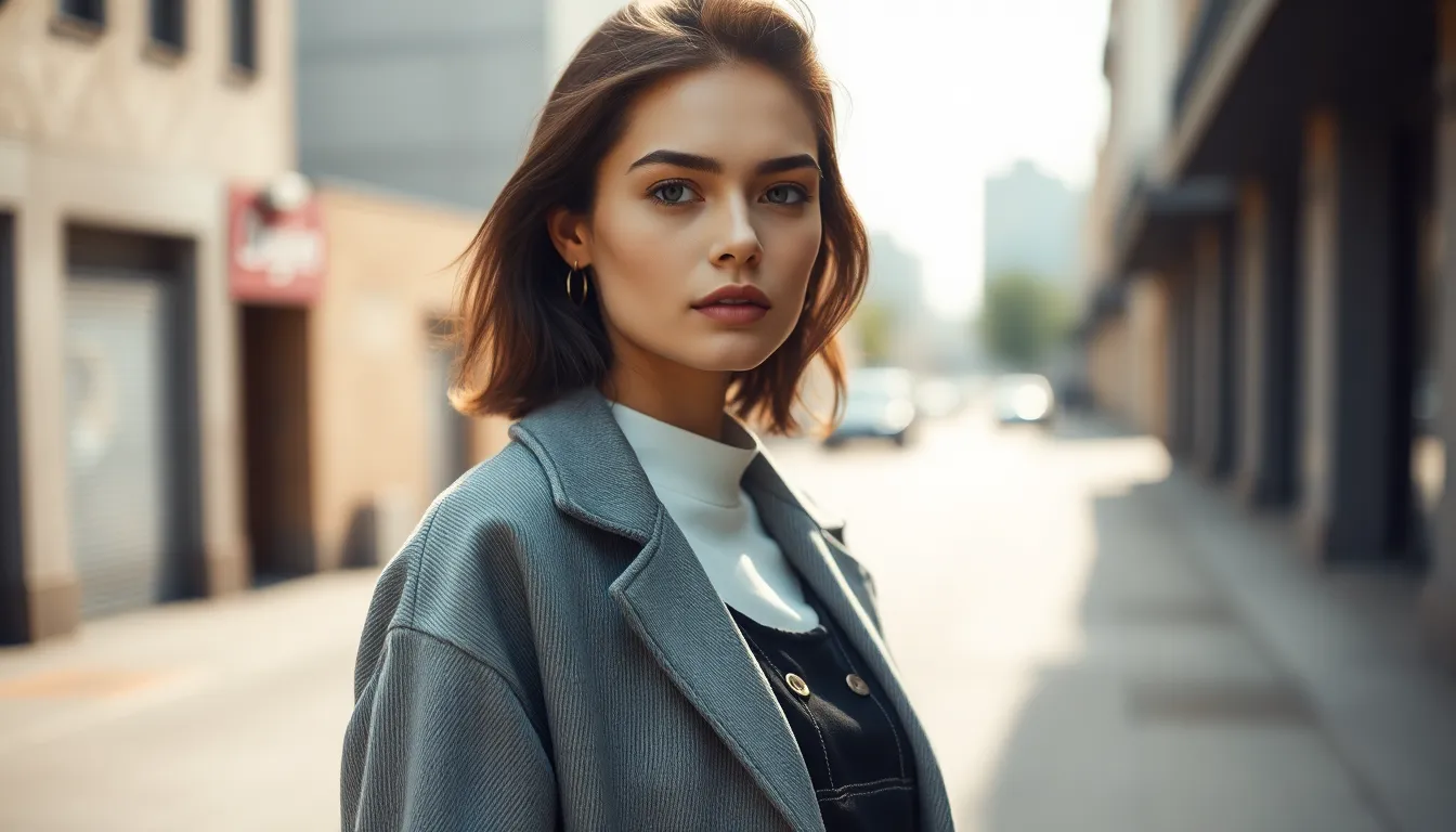 Casual Chic Fashion Model in Urban Setting A fashion model embodies casual chic style as they pose effortlessly against an urban backdrop, illuminated by soft daylight that creates gentle shadows. The soft bokeh effect draws the eye to the model, whose textured attire offers a blend of modern sophistication and comfort. This image captures a relaxed yet stylish approach to fashion, underscoring the beauty of everyday wear in a bustling city environment.