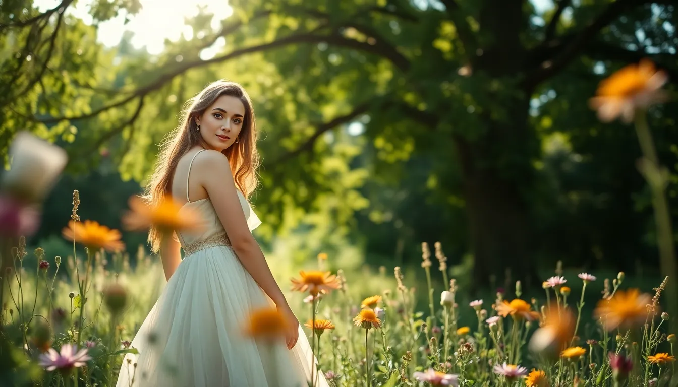A model in a light, airy gown elegantly poses outdoors amidst blooming wildflowers, beautifully complemented by dappled sunlight filtering through the tree canopy. The scene's rich greens and earthy tones enhance the harmony between fashion and nature. Captured in a shallow depth of field, the soft focus draws attention to the model while allowing the background to create a dreamy atmosphere. This composition, with flowers framing the foreground, invites viewers to appreciate both the artistry of the dress and the beauty of the natural setting.
