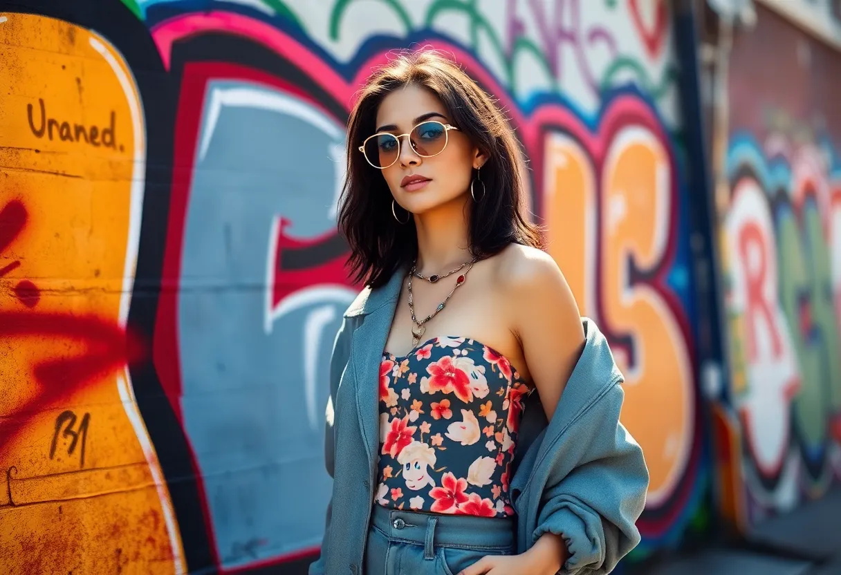 Street Fashion Model Against Graffiti Wall A lively street fashion model strikes a pose against a colorful graffiti wall, embodying urban style. Natural sunlight creates dynamic highlights, enhancing the vibrancy of her outfit. The shallow depth of field keeps the focus on the model while softly blurring the art behind her. This image captures the essence of fashion in an urban setting, where art and style intertwine.