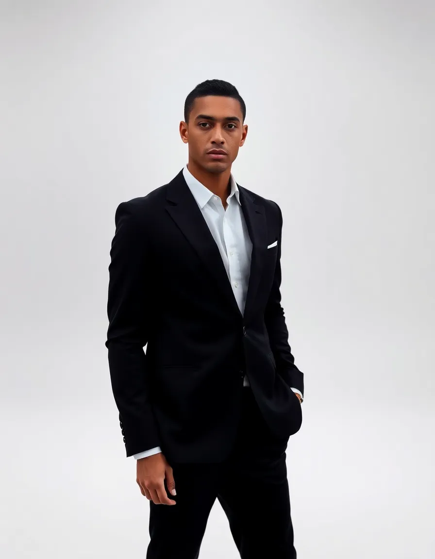 This striking image features a model wearing a meticulously tailored black suit, posing against a minimalistic backdrop. The softbox lighting enhances the model's warm skin tones, creating a serene yet powerful mood. With a neutral color palette of blacks and whites, the emphasis on elegance is clear. The hyperfocal depth ensures the model stands out as the focal point, capturing the sophistication of contemporary fashion.