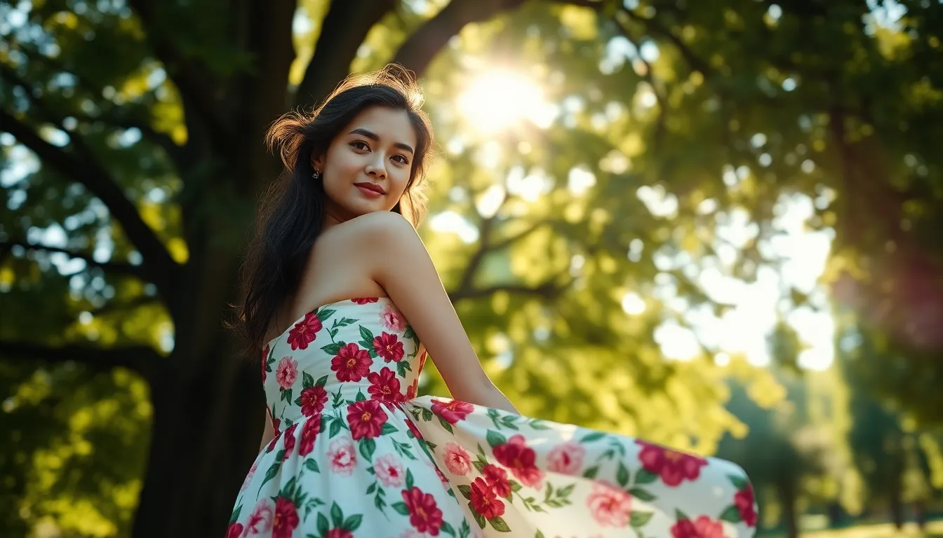 A model gracefully poses in a vibrant floral dress, surrounded by a lush natural setting as dappled sunlight filters through the tree canopy. The dreamy bokeh effect created by the shallow depth of field enhances the ethereal quality of the scene. The saturated colors reminiscent of Fujifilm Velvia bring out the vivid greens and floral hues, creating a lively atmosphere. The leading lines of the foliage guide the viewer's eye directly to the model, blending high fashion with the beauty of nature.