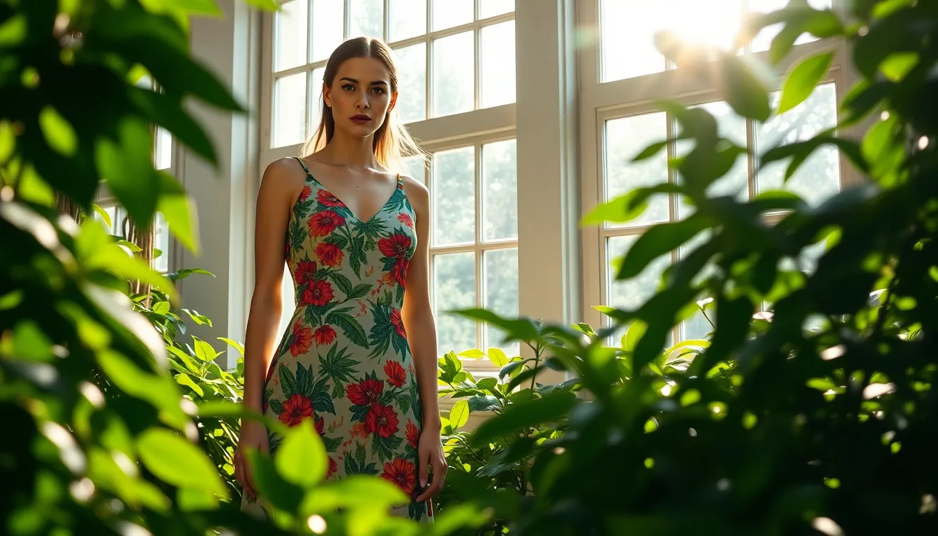 Floral Dress Model in Natural Light This captivating image features a model in a vibrant floral dress, elegantly posed amidst lush greenery. Natural daylight filters through expansive windows, casting soft, artistic shadows that enhance the vibrant colors of the dress. The tranquil setting combines the beauty of nature with high fashion, creating a perfect balance between elegance and simplicity. The sharp detail of the fabric and surrounding foliage immerses viewers in this serene yet stylish scene.
