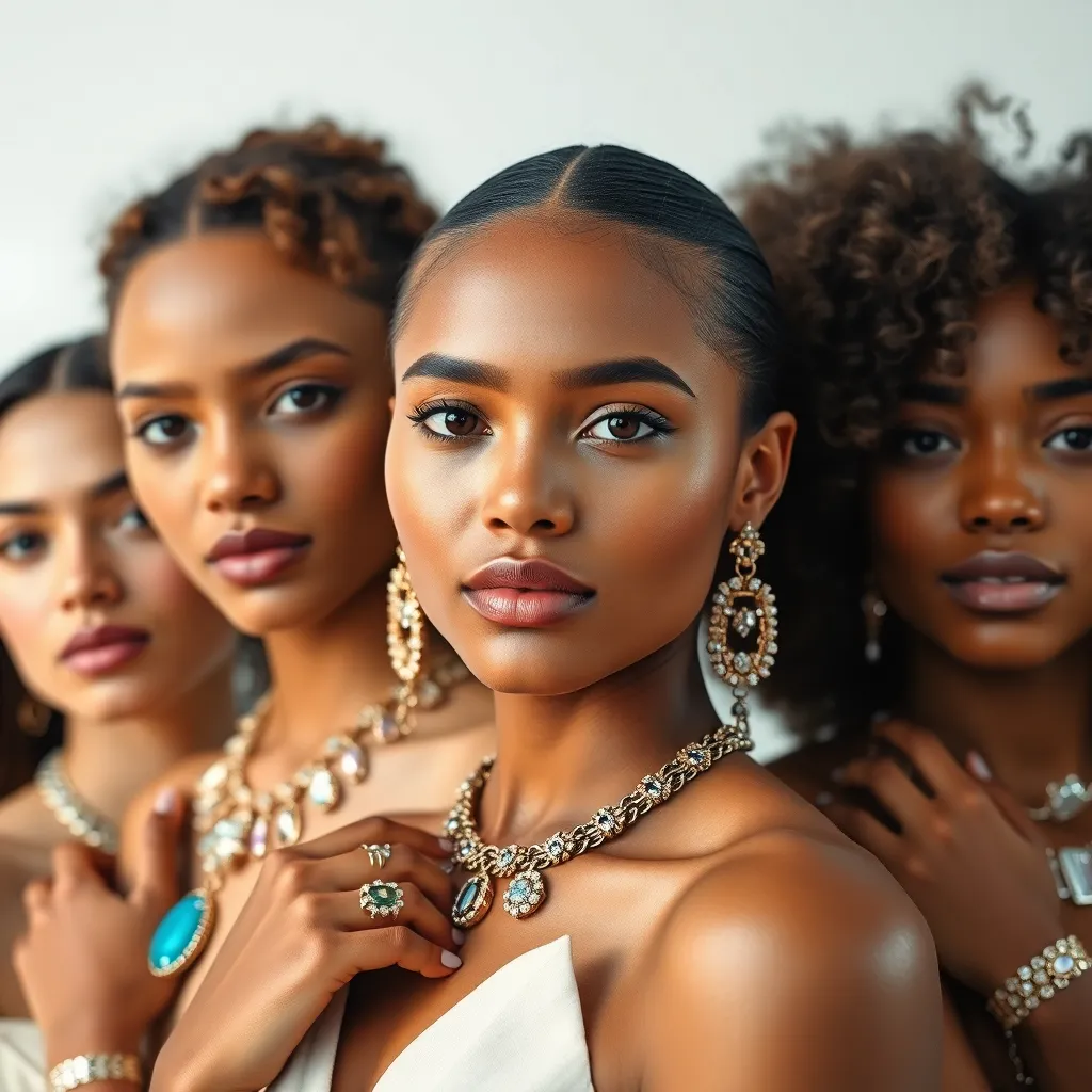 This stunning close-up shot features a diverse group of fashion models, each adorned with intricate accessories that highlight their individuality. Soft, diffused natural light accentuates the textures of the jewelry, from shimmering gemstones to polished metals. Positioned against a minimalist white backdrop, the focus on their expressive faces brings out the confidence and beauty of each model. The use of soft pastels in their outfits complements the elegance of the accessories, creating a harmonious and artistic visual experience.