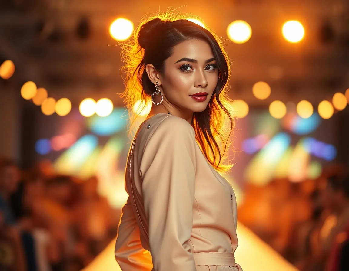 Chic Modern Fashion on Runway This image features a model posing gracefully on the runway, illuminated by the soft glow of golden hour backlighting. The warm tones of gold and peach create a celebratory mood, perfectly complementing her chic modern outfit adorned with delicate accessories. The use of shallow depth of field keeps the focus on her while the blurred vibrant runway atmosphere adds context. The thoughtful composition draws the eye to her stylish look, making it a standout fashion photograph.