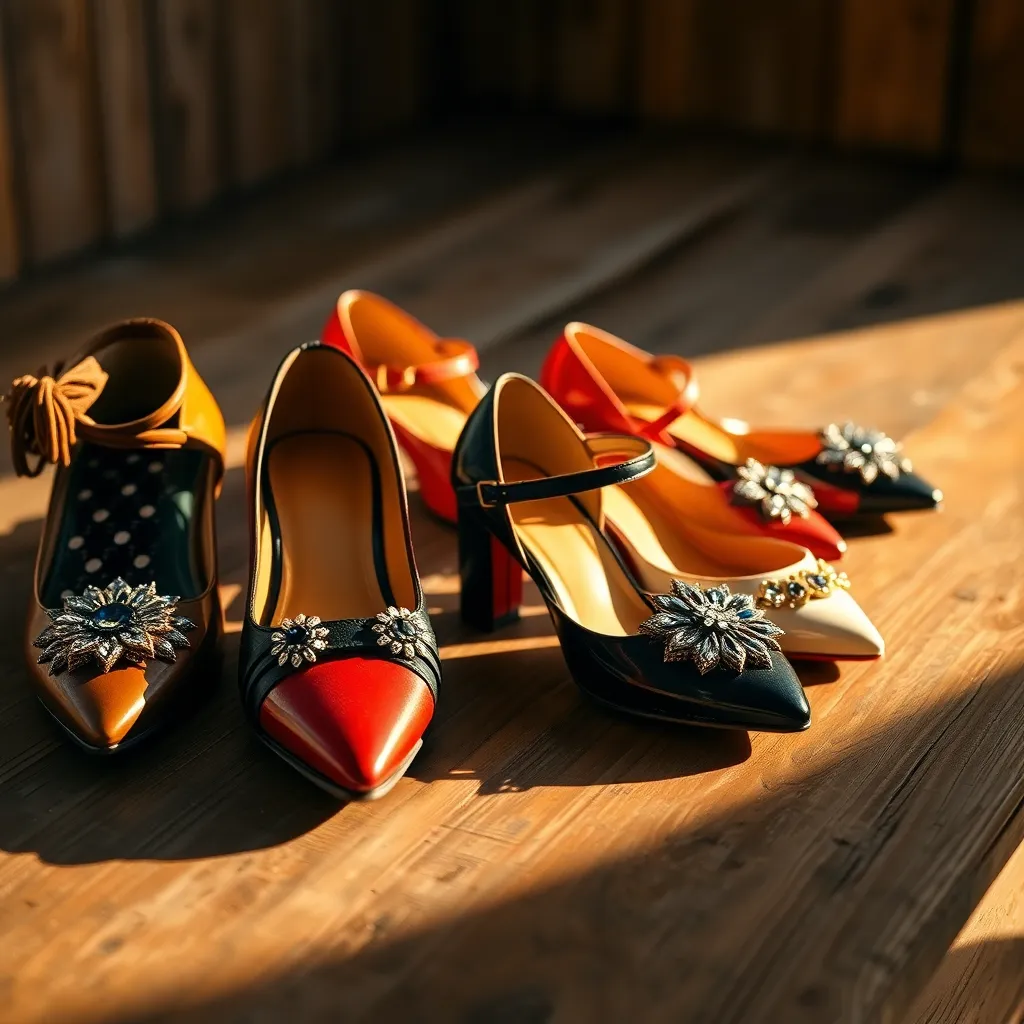 This exquisite flat lay features a selection of high-fashion shoes artistically arranged on a rustic wooden surface. Captured in soft, golden hour light, the image reveals the intricate textures and details of the leather and embellishments, creating a sense of luxury. The warm earth tones are complemented by vibrant hues from the shoe designs, enhancing the overall visual appeal. The shallow depth of field adds a layer of depth, making this composition not only stylish but also inviting, perfect for showcasing fashion.