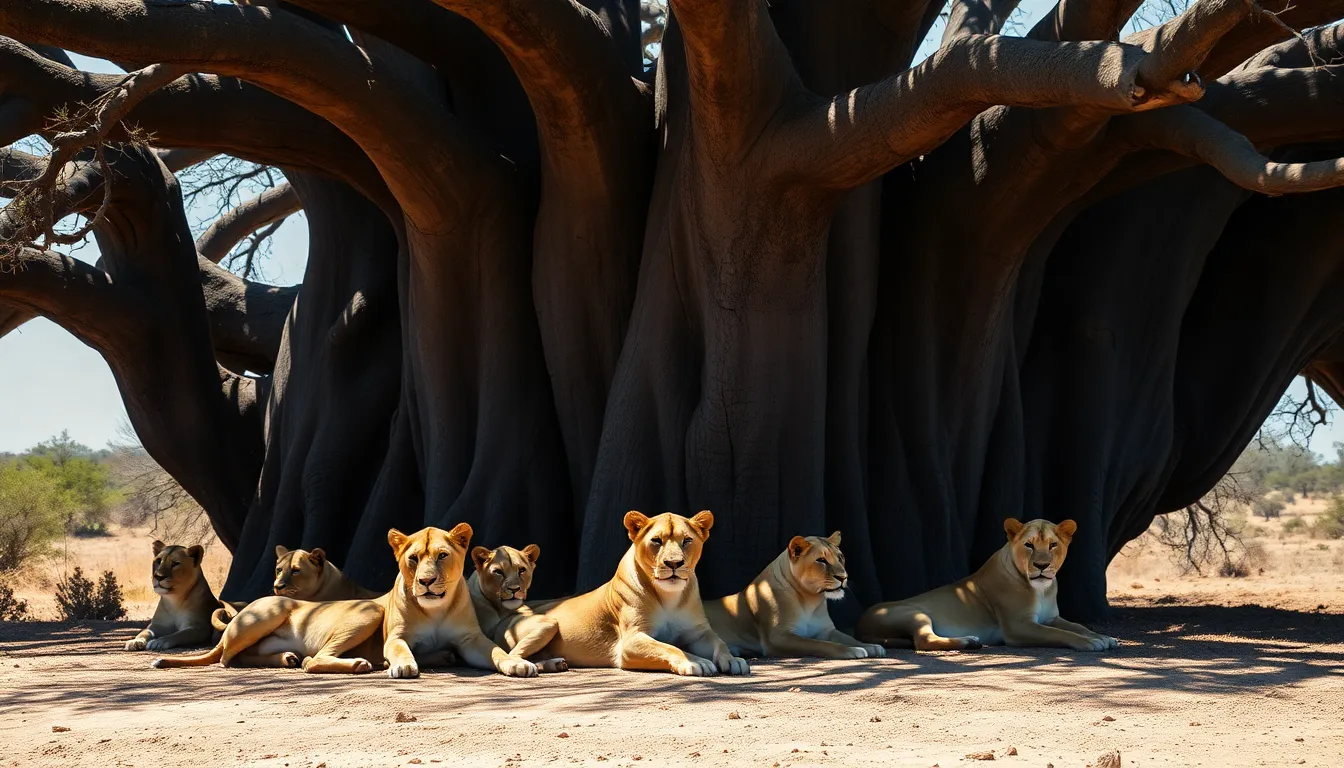 This powerful image captures a pride of lions resting beneath a massive baobab tree during midday. The bright, stark light creates pronounced shadows that highlight the lions’ fur textures. The composition elegantly frames the animals with the tree's expansive branches, portraying a moment of tranquility and majesty in the wild, perfect for wildlife enthusiasts and safari themes.