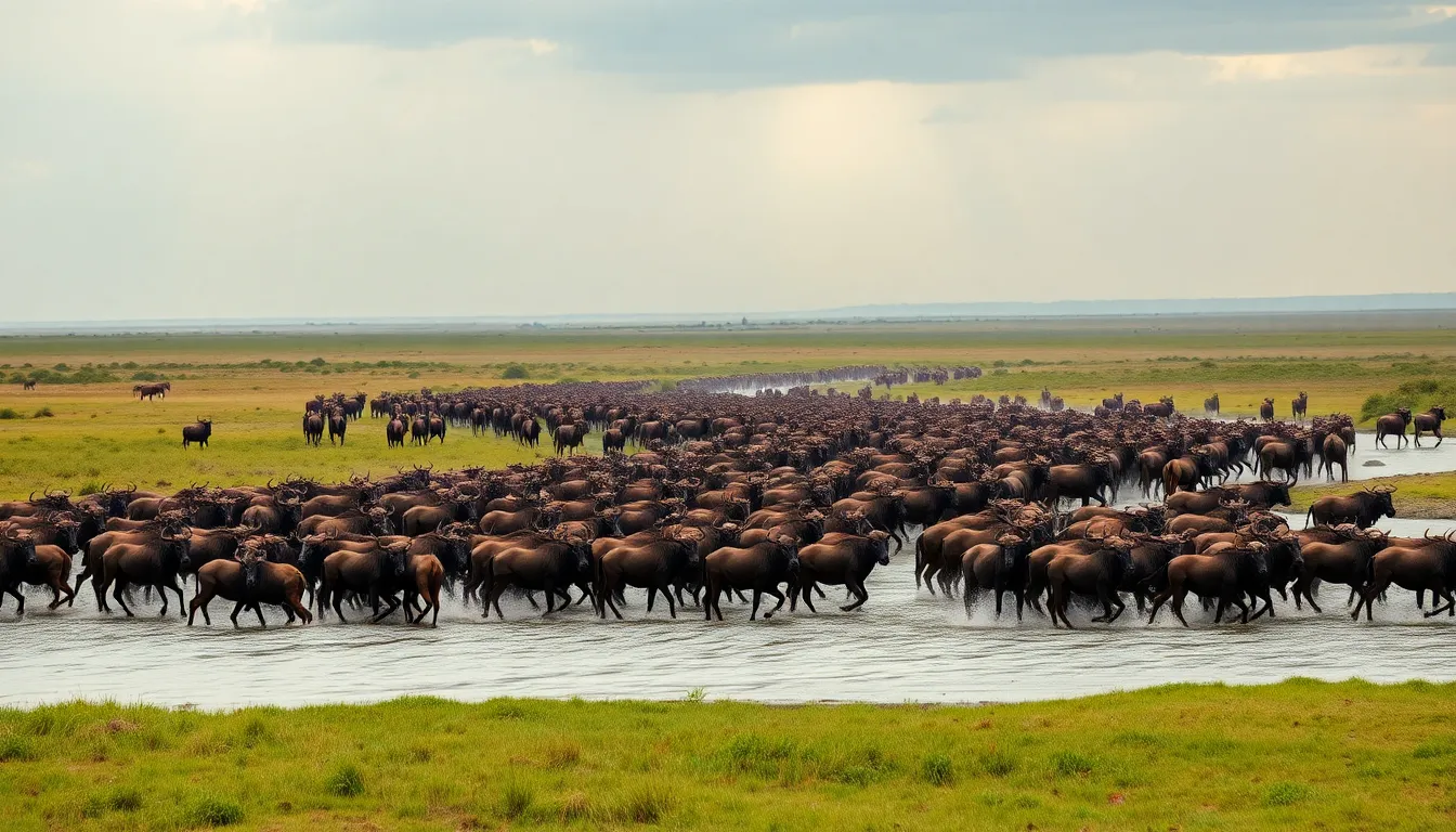Wildebeests Crossing the Serengeti River