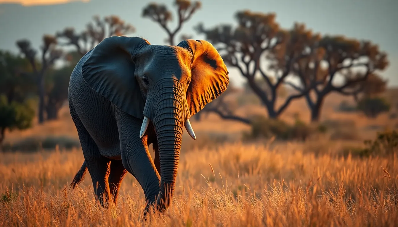 This stunning image captures a majestic elephant walking through tall savanna grass during golden hour. The warm backlighting bathes the scene in soft hues, emphasizing the natural textures of the elephant's skin. With the acacia trees softly blurred in the background, this composition evokes a sense of tranquility and strength, ideal for wildlife and travel enthusiasts.