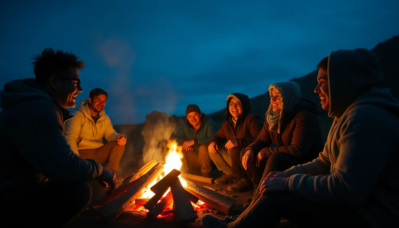This vibrant image features a group of travelers gathered around a campfire in the heart of the wilderness. Warm light from the flickering flames casts captivating shadows on their faces, creating a joyful and inviting atmosphere. The cinematic color palette highlights the rich contrast between the warm fire and the cool night sky, while the shallow depth of field draws attention to their expressions. The centered composition beautifully captures their camaraderie in the great outdoors.