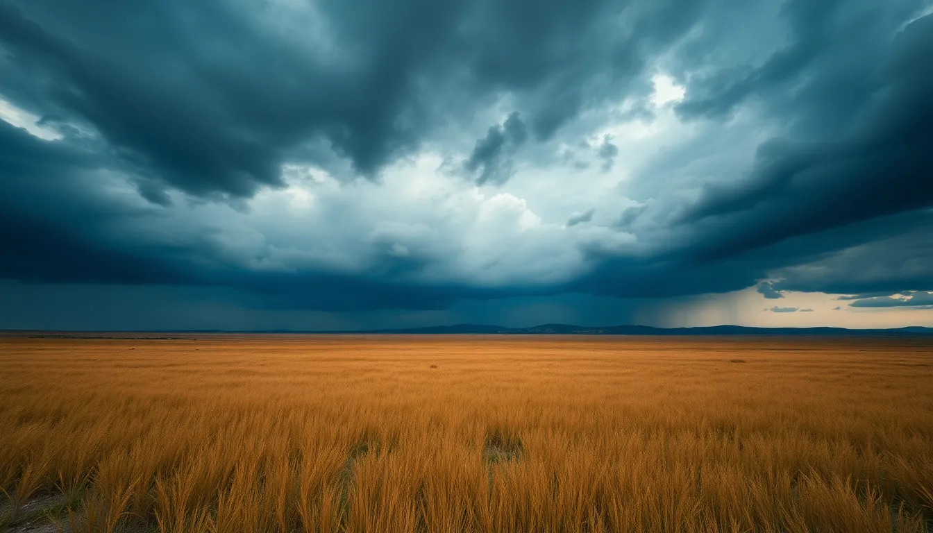 Dramatic Serengeti Plains Before a Storm A breathtaking panoramic view of the Serengeti plains as an approaching storm looms overhead. Dark rain clouds contrast beautifully with the golden grasslands, creating a dramatic scene rich in atmosphere. This image captures the wild beauty of Africa, showcasing the vastness of the landscape and the intricate textures of the grass. The composition invites viewers to experience the untamed spirit of nature.
