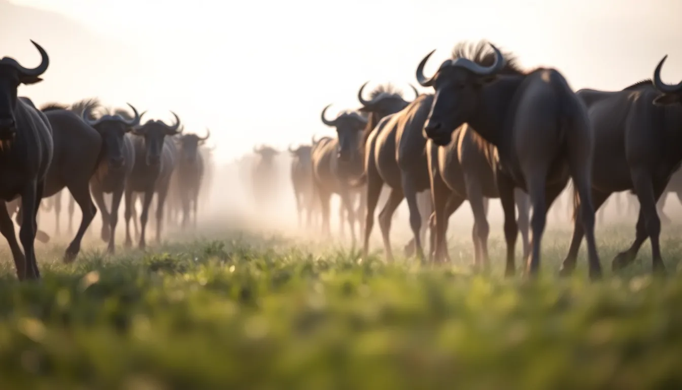 This captivating image presents a herd of wildebeest moving gracefully across a foggy plain at dawn. The soft, diffused light envelops the scene, creating a tranquil atmosphere that is enhanced by cool grays and greens. With the focus on the animals and a blurred foreground, the composition invites viewers to experience the serene beauty of wildlife in their natural habitat.