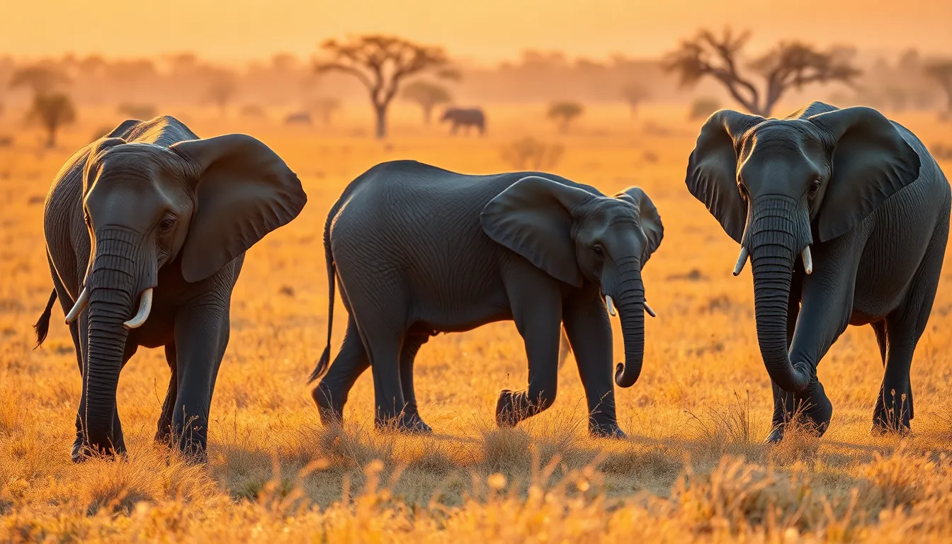 A stunning scene captures a family of elephants elegantly strolling across the golden savannah at sunset. The warm lighting creates a beautiful silhouette effect, enhancing the textures of their rugged skin. Soft bokeh of acacia trees in the background adds depth, while the vibrant golden hues of the grass enrich the scene. The composition uses the rule of thirds, emphasizing the majestic animals against the sprawling landscape behind them.