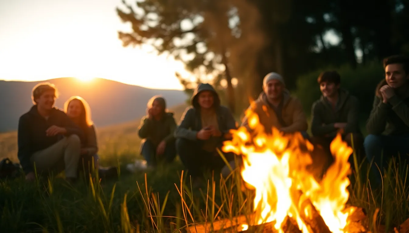 Campfire Gathering Under Starlit Sky This enchanting image captures a gathering of travelers enjoying a campfire under a starlit sky, with the flickering firelight creating warm shadows around them. The hyperfocal distance ensures sharpness throughout the scene, enhancing the evening's ambiance. The image showcases natural muted tones, with soft textures of the grass and warm light reflecting off the silhouettes, evoking a sense of camaraderie and adventure.
