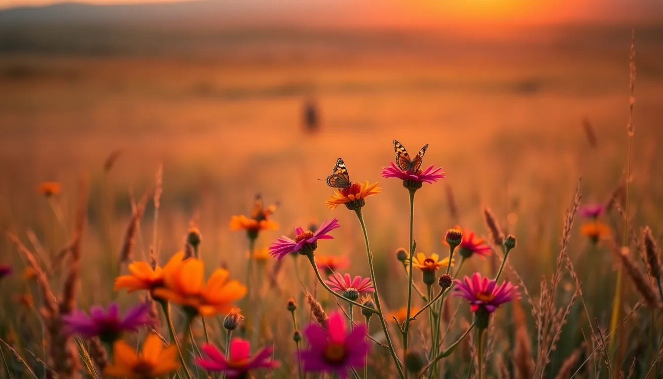 Wildflowers in African Savanna at Sunset