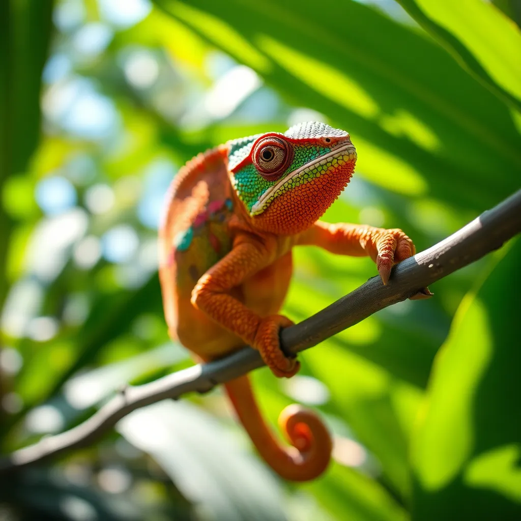 Vibrant Chameleon on Tropical Branch