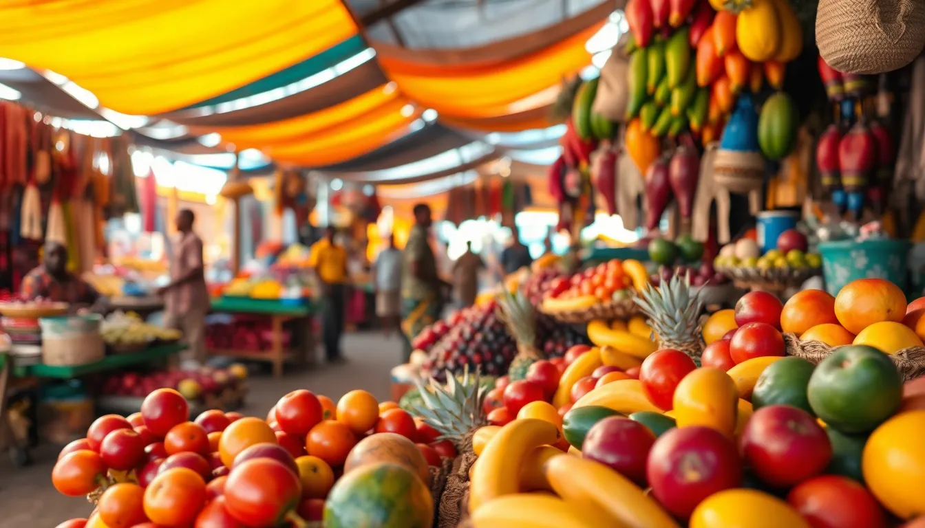 This captivating image immerses viewers in the lively atmosphere of a local market in an African village. Sunlight pours over stalls brimming with tropical fruits and handmade crafts, creating a vibrant spectacle of color. The selective focus on the fruits contrasts beautifully with the softly blurred vendors and shoppers, drawing attention to the rich textures and hues of the produce. The composition follows the rule of thirds, guiding the eye through this vibrant cultural scene.
