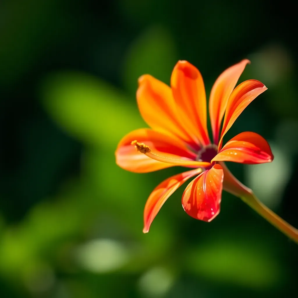 This stunning close-up captures the vibrant beauty of an African flower blooming in its natural habitat. The sunlight accentuates the flower's colors and delicate textures, while a soft green bokeh enhances its prominence. This composition invites viewers to appreciate the intricacies of nature, making it perfect for botanical enthusiasts and travel photography.