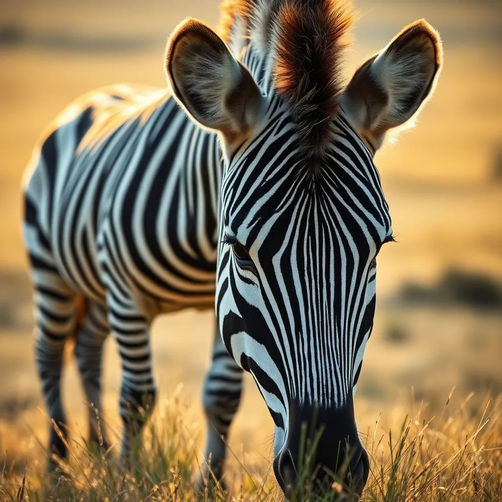 This enchanting close-up captures a zebra grazing peacefully in the savanna during the early morning. The soft, diffused light highlights the intricate patterns of its black-and-white stripes, while a shallow depth of field blurs the background for emphasis. The serene color palette of muted tones enhances the tranquil atmosphere, making this image an ideal representation of wildlife in their natural habitat. Perfect for nature and wildlife photography enthusiasts.