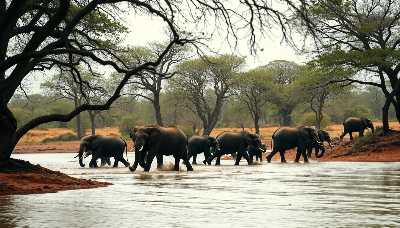 Herd of Elephants Crossing a River