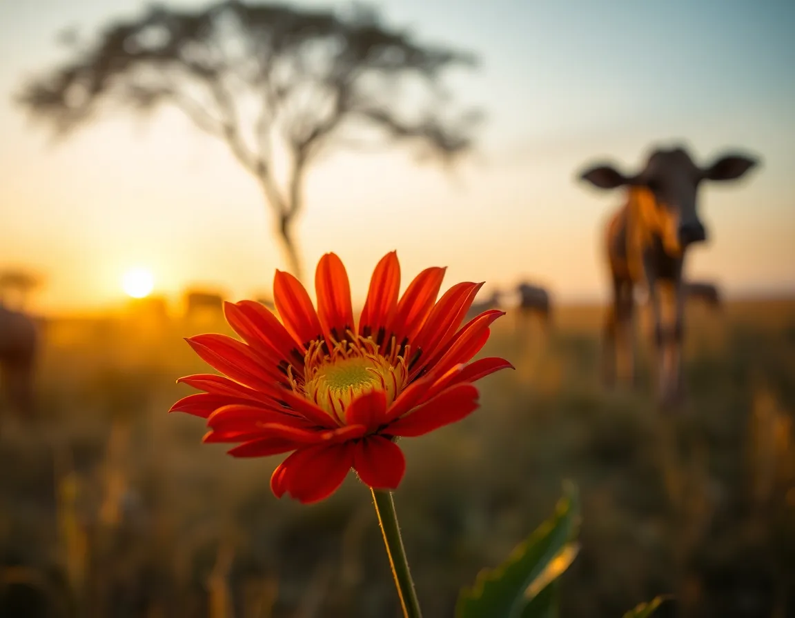 This stunning image features a vibrant flower blooming in the African bush, beautifully illuminated by the warm light of dusk. Surrounded by grazing wildlife in the soft background, the photograph captures the harmony of nature at this magical time of day. The warm colors and intricate details of the flower contrast with the gentle bokeh of the animals, creating an enchanting atmosphere. Perfect for nature lovers and travel enthusiasts, this photograph highlights the beauty of Africa's rich biodiversity.