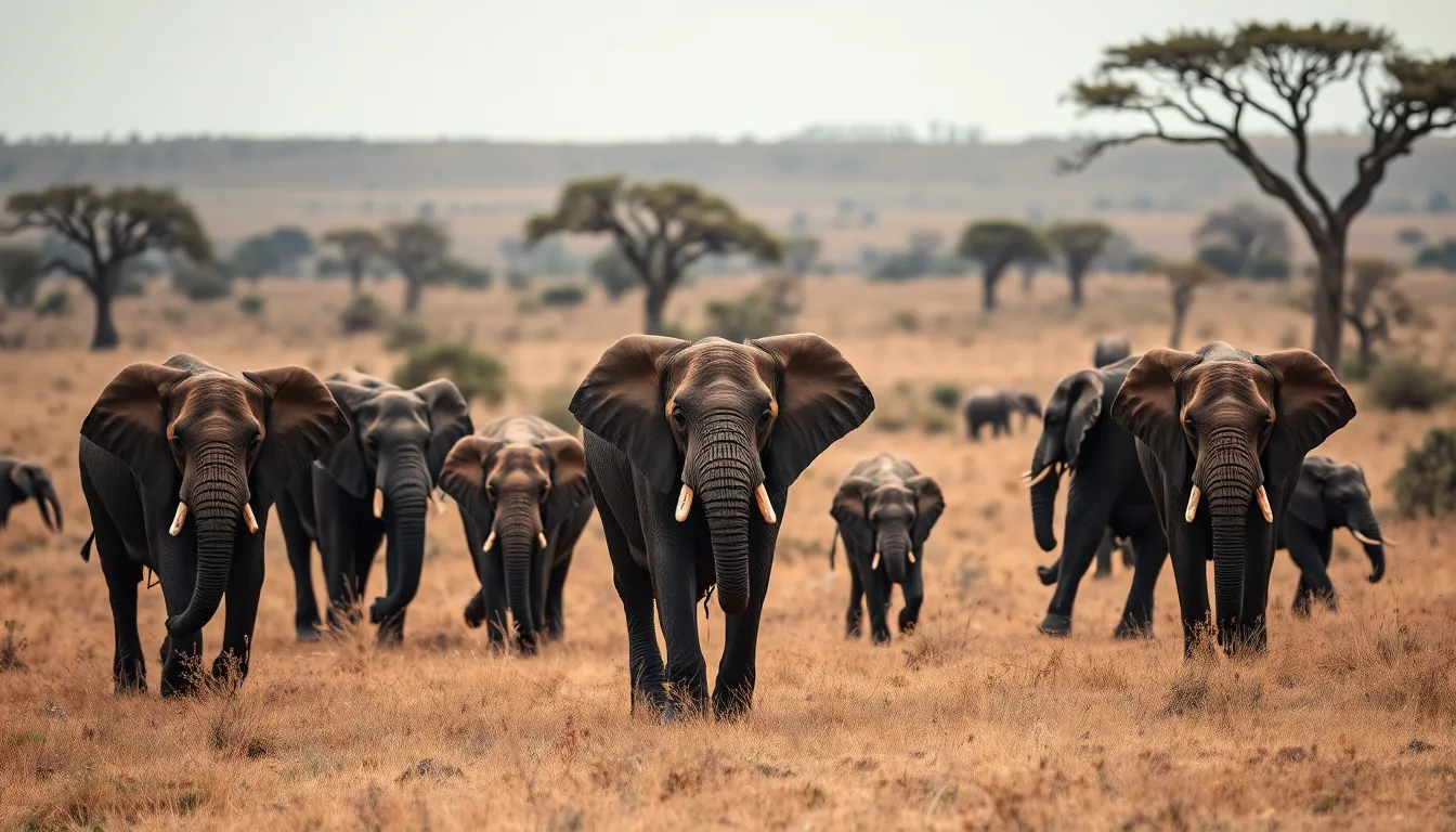Herd of Elephants Walking in the Savanna