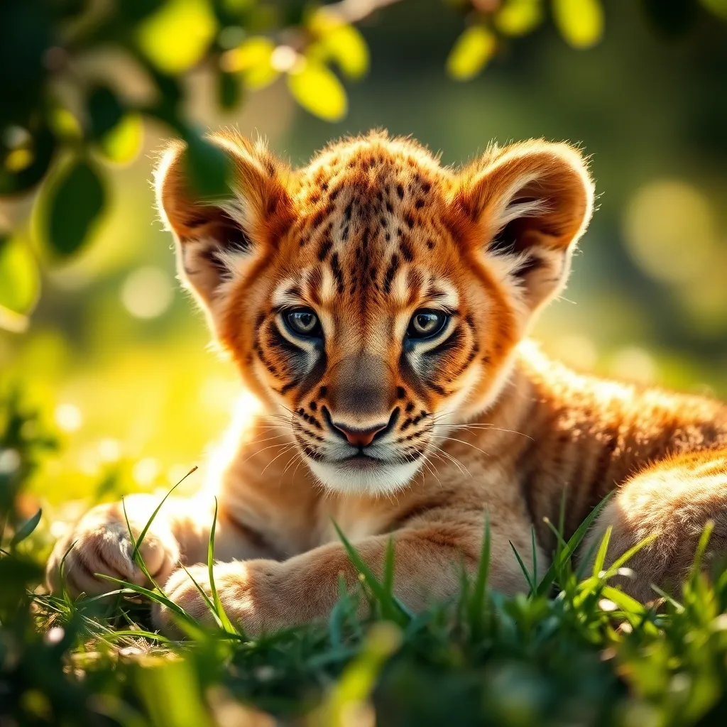 Charming Lion Cub in Sunlit Grass