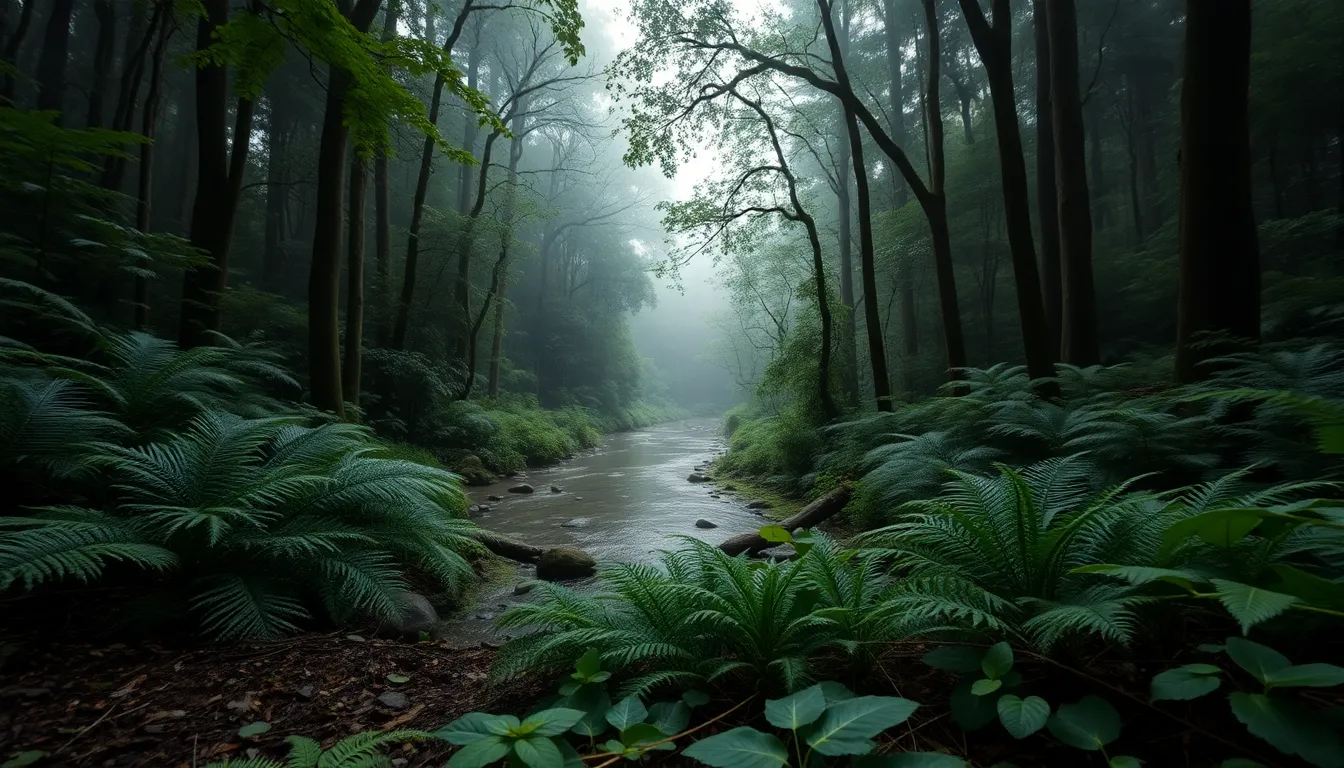 This breathtaking image showcases a tranquil river winding through a lush rainforest. Overcast skies diffuse the light, creating a soft, serene ambiance that highlights the rich greens of the foliage. The composition expertly leads the viewer's eye along the winding path of the river, while the hyperfocal focus captures stunning details of ferns and the textured soil. Natural muted tones enhance the peaceful mood of this untouched wilderness.
