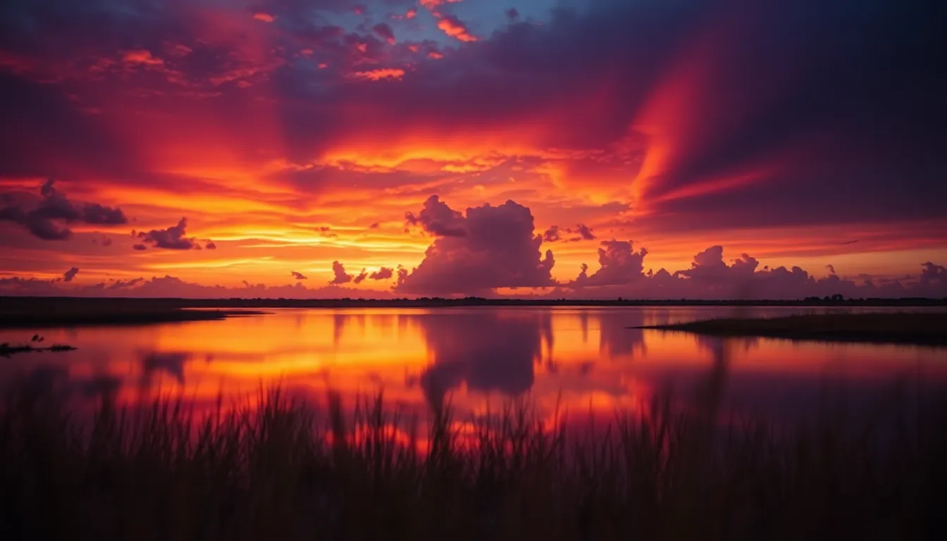 This breathtaking photo showcases a vibrant African sunset reflected in a tranquil waterhole. The striking contrasts of violet and orange in the sky create a dramatic atmosphere that invites viewers to pause and enjoy nature’s beauty. The soft focus on the foreground grasses adds depth, creating a harmonious balance between the sky and its reflection.