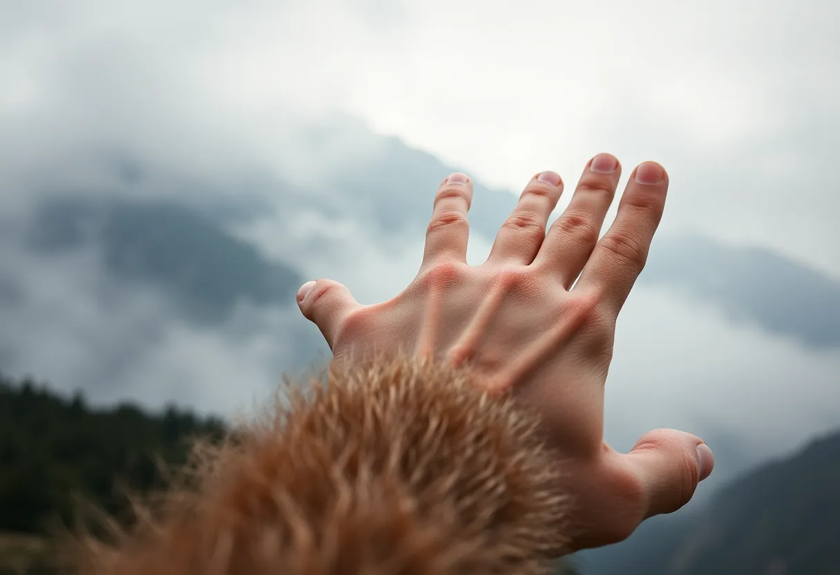 This evocative image features a close-up of a Sasquatch's hand reaching out into the foggy wilderness. The mist-cloaked mountains serve as a haunting backdrop, enhancing the sense of mystery. The fine details of the skin and hair are captured amidst a soft, muted color palette, evoking a tranquil yet eerie atmosphere. The composition effectively contrasts the intricacy of the hand with the vast, blurred mountains beyond.