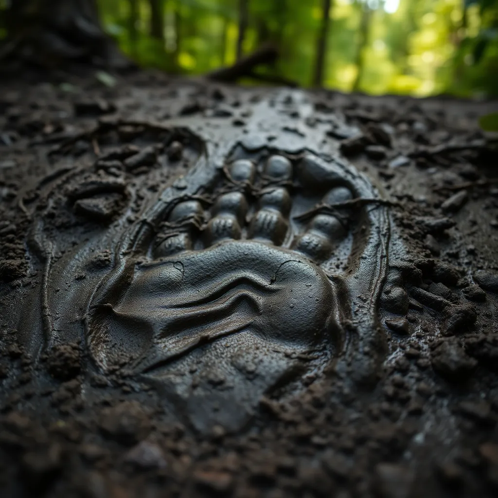 This close-up image captures a large Sasquatch footprint in wet mud, showcasing the details of the print against the backdrop of a lush forest. Soft, diffused daylight filters through the trees, enhancing the textures of the muddy ground and surrounding leaves. The natural muted colors provide a grounded feel, while the sharp focus on the footprint highlights its distinct shape. This composition invites viewers to ponder the presence of the elusive creature in its natural habitat.