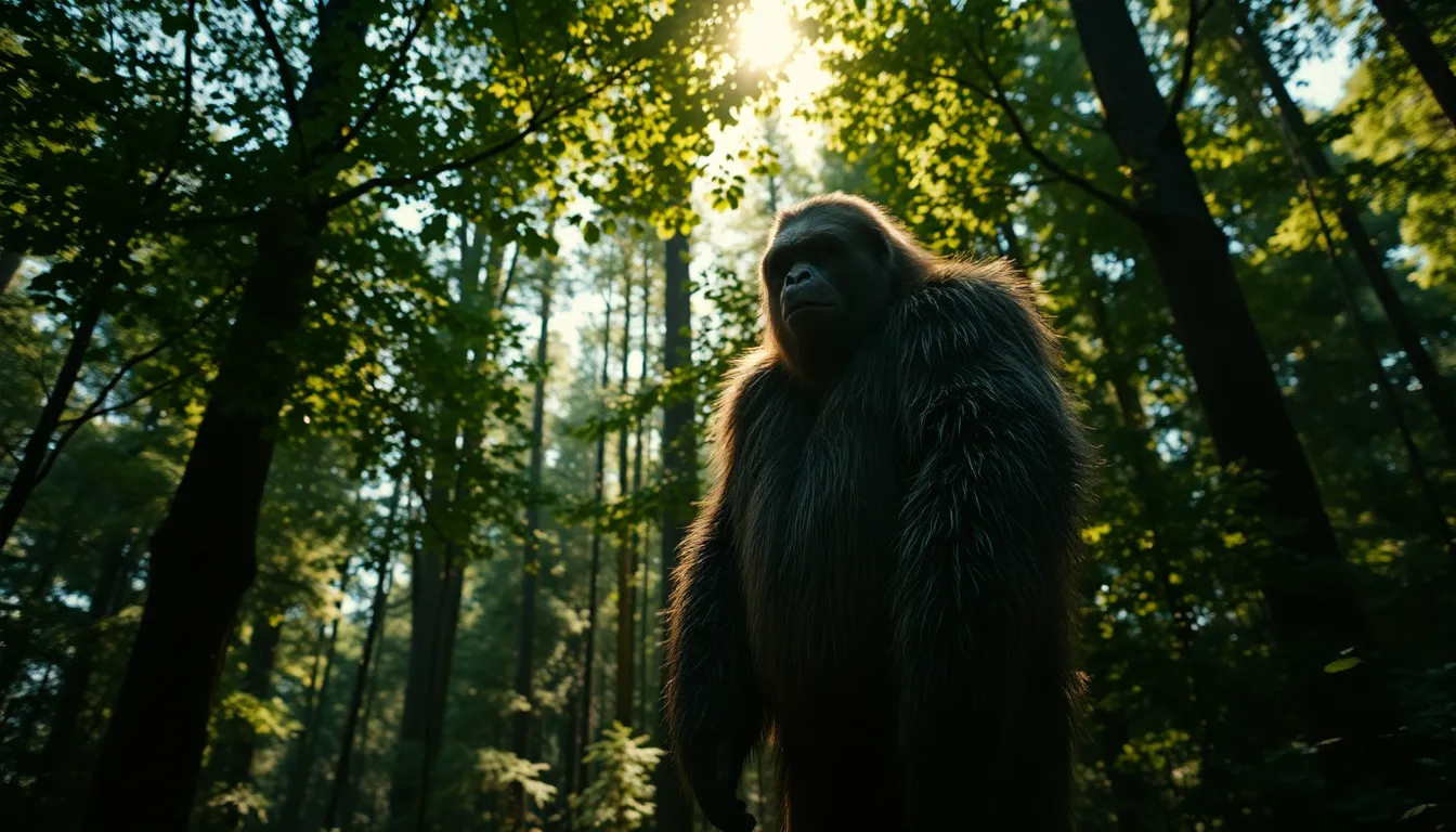 In this stunning image, a solitary Sasquatch is captured amidst the vibrant greenery of an ancient forest. Dappled sunlight streams through the thick canopy, highlighting the creature's unique fur texture. The rich, saturated colors evoke a sense of mystery and wilderness, inviting viewers to ponder the existence of this elusive being. The composition skillfully leads the eye, showcasing the surrounding vibrant flora.
