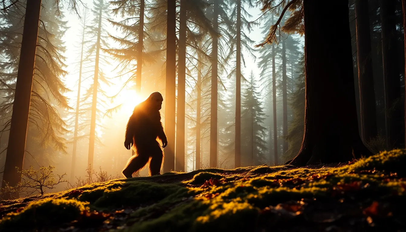 This image depicts a majestic Sasquatch standing at the edge of a misty forest during golden hour. The warm backlighting creates an ethereal glow around the creature, highlighting its fur and the surrounding lush greenery. The soft bokeh beautifully captures the depth of the forest, while the textures of the mossy ground and pine needles add rich detail to the scene. This serene moment in nature evokes a sense of mystery and wonder.
