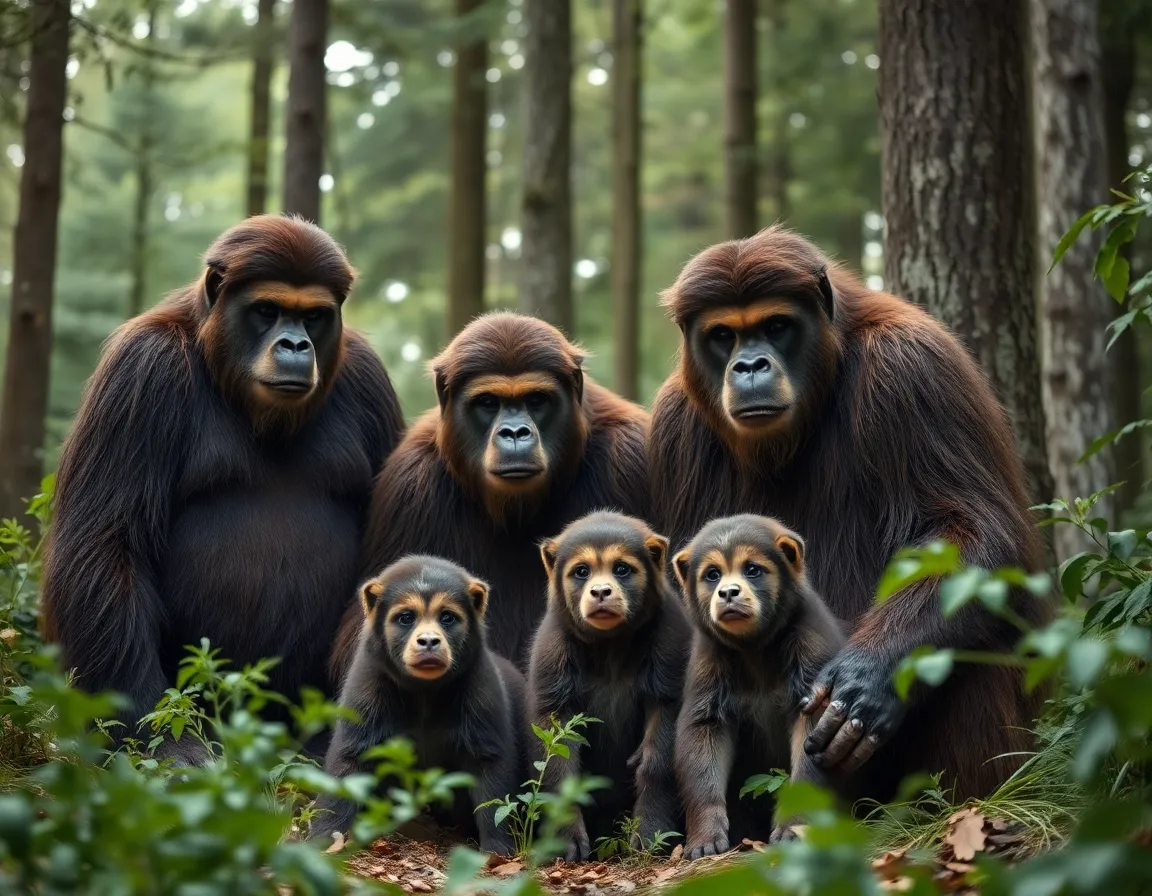 In this enchanting image, a Sasquatch family is captured in their natural woodland habitat. The soft, diffused light of an overcast day creates a serene and calming atmosphere. Each family member shows intricate fur textures and expressions, embodying a sense of unity and tranquility. The natural color palette complements the lush greenery surrounding them, inviting viewers into their peaceful world.