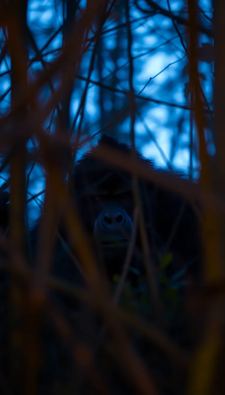 This captivating image features a Sasquatch peering through a dense thicket during twilight. Soft twilight colors envelop the scene, with deep blues and muted purples establishing a mystical ambiance. The shallow depth of field isolates the Sasquatch, drawing attention to its inquisitive expression amid the blurred foliage. The Dutch angle composition adds a sense of dynamic tension, enhancing the mystery and intrigue of the elusive creature. The overall atmosphere invites viewers to explore the hidden wonders of nature.