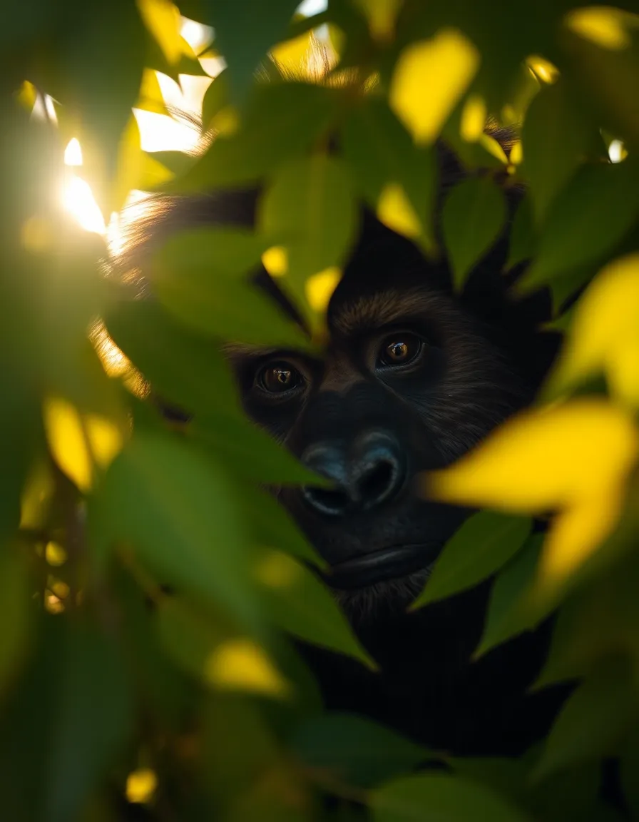 This captivating image features a Sasquatch curiously peering through lush foliage in a tranquil setting. Early morning light bathes the scene in a soft glow, enhancing the magical feel of the moment. The selective focus beautifully highlights the creature’s expressive eyes while the surrounding leaves are tenderly blurred. The rich color palette of greens and earthy tones contributes to the serene atmosphere, inviting viewers into this intimate wildlife encounter.