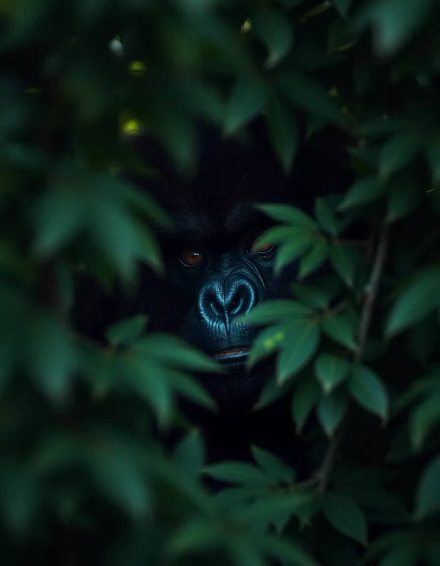 This intimate portrait captures a Sasquatch partially concealed among thick foliage, illuminated by soft Rembrandt lighting. The directional light reveals the expressive features of the creature, surrounded by a lush green environment. The shallow depth of field creates a dreamy bokeh effect, focusing attention on the Sasquatch while the rich color palette enhances the natural atmosphere. Framed by leaves, the composition invites viewers to feel a personal connection with this elusive being in its verdant habitat.