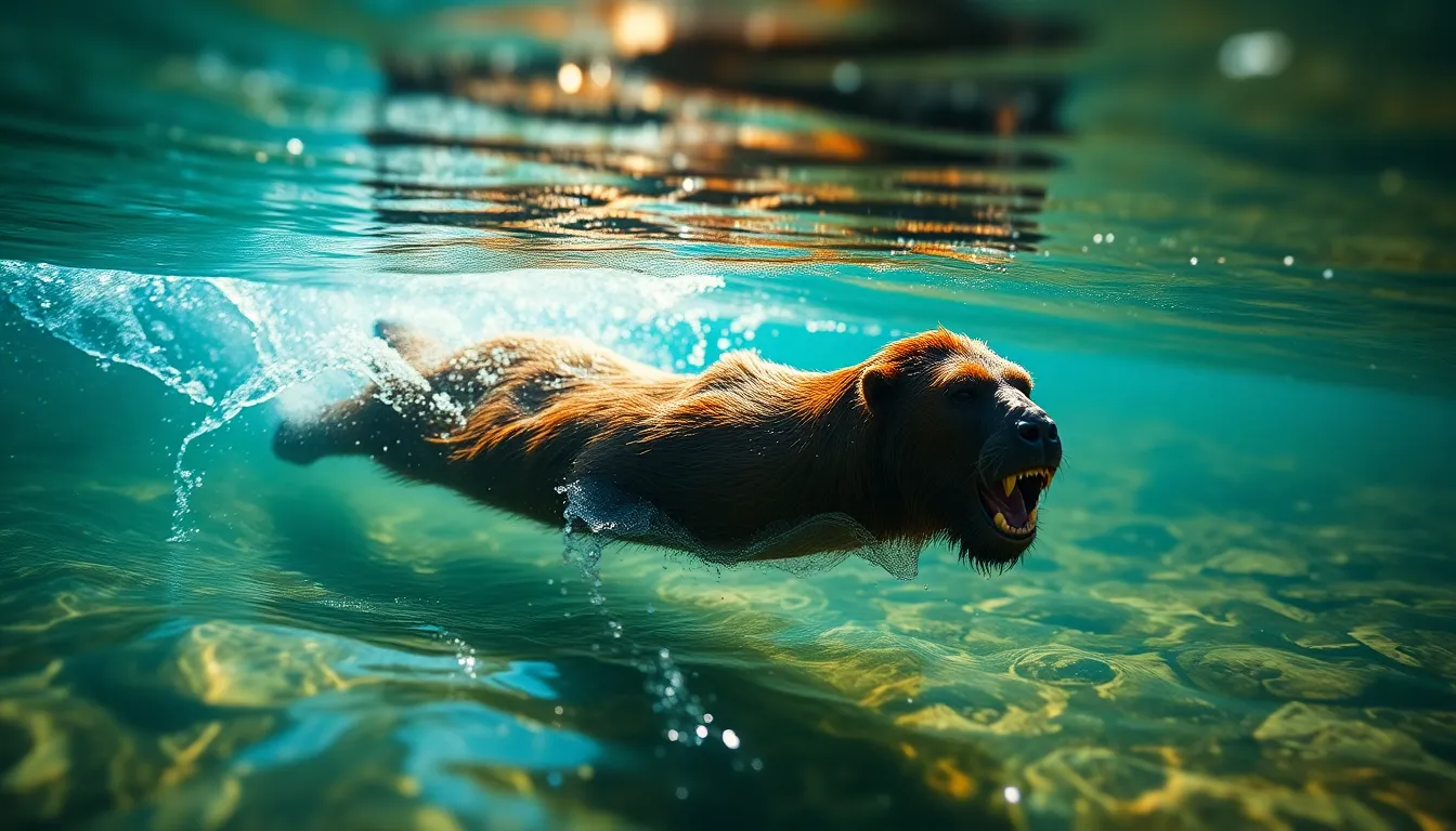 This dynamic image features a Sasquatch gracefully swimming in a crystal-clear river, with sunlight illuminating the water's surface and creating a sense of motion. The vibrant colors of the scene, from the emerald greens of the surrounding foliage to the azure blues of the water, enhance the natural beauty. The powerful presence of the creature is accentuated through texture details in its fur and the rippling water around it, inviting viewers into a moment of raw wilderness.
