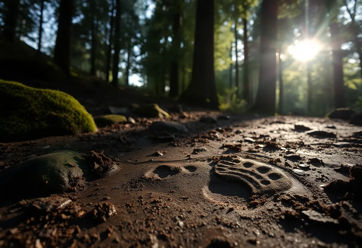 Sasquatch Footprint in Nature This compelling image captures a Sasquatch footprint nestled in damp earth, illuminated by dappled sunlight filtering through a dense forest canopy. With sharp focus from foreground to background, the details of the footprint and surrounding moss-covered stones come alive. The muted tones of the scene evoke a natural, earthy feel that invites viewers to imagine the creature's path through the wilderness. This composition raises curiosity about the Sasquatch and its elusive nature within its habitat.